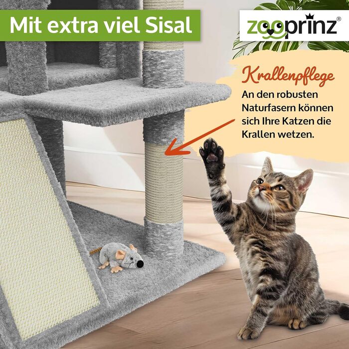 Преміум кігтеточка Zooprinz – велика XXL кігтеточка для котів, з товстими сизалевими стовпами, будиночком, гамаком, м'ячиками та мотузкою. З іграшкою-мишкою. Когтеточка (світло-сіра)