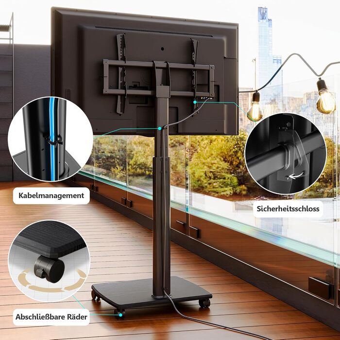 FITUEYES Rolling TV Stand with Wood Shelf - Adjustable Height & Swivel - Fits 32-70 inch TVs (up to 40kg, VESA 400x600) - Black
