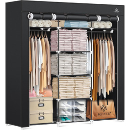 KESSER® Wardrobe Fabric Wardrobe Stable with Clothes Rail & Shelves, Incl. 5x Clothes Hangers, Fabric Folding Wardrobe for Bedroom, Dressing Room Closet with Clothes Rack 150x45x175cm Black