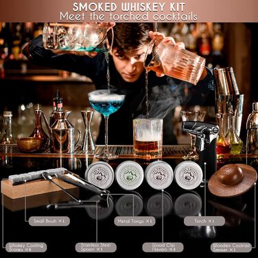 Набір для копчення віскі – Cocktail Smoking Set з підставкою для копчення, пропановою пальником, щипцями, дубовими та волоськими трісками – Преміум дерев'яна коробка – 11.88x9.96x2.9x2.75x2x2.75 см