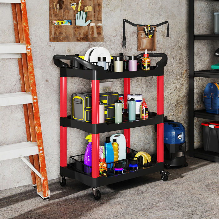 HOMCOM 3-Tier Workshop Utility Cart, Tool Cart with Handle, Hook Holes for Tools, Assembly Cart for Garage, Warehouse, Maximum Load Capacity 91 kg, Red+Black | Aosom