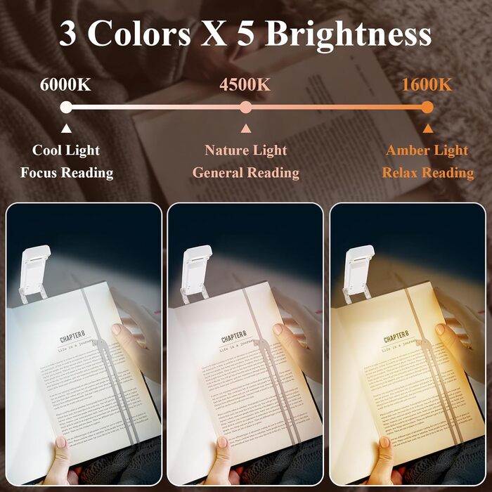LED-лампа Alyvisun для читання: 3 кольори, 5 рівнів яскравості, таймер, USB-зарядка, 80 годин роботи, для ліжка