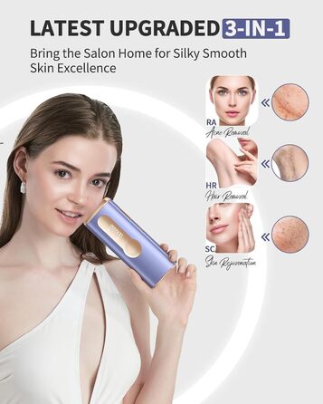 Пристрій для епіляції IPL Haarlosy з функцією охолодження - безболісна епіляція лазером, 3 функції (HR/SC/RA), 9 рівнів, 999 900 імпульсів для жінок та чоловіків, для обличчя, тіла, бікіні, ніг (фіолетовий)