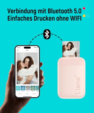 Liene Pearl K100: Портативний принтер для фотографій з 50 аркушами Zink паперу, Bluetooth 5.0, для iOS & Android, Mini, Рожевий
