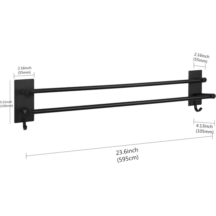 Тримач для рушників на стіну без свердління, нержавіюча сталь SUS304, 3 стійки, 2 гачки, чорний, 60 см