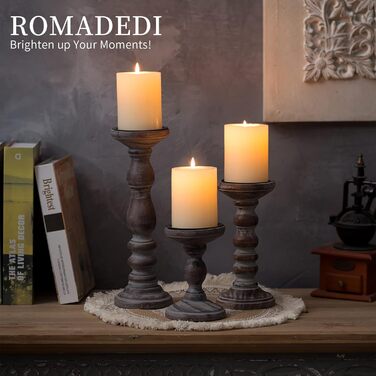 Свічник дерев'яний Romadedi для стовпчикових свічок, набір з 3 шт., вінтажний декор у стилі лофт і шебі шик, для вітальні, столу, коричневий, 15/21/30 см