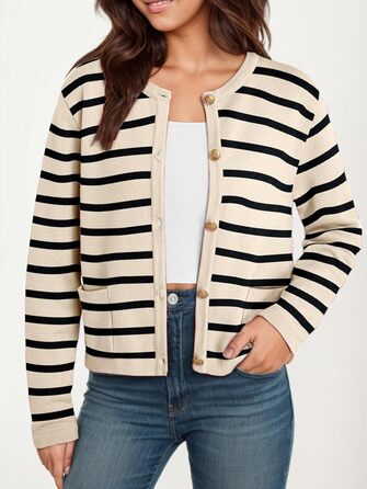 Жіноча коротка в'язана жилетка з двома кишенями на ґудзиках, смугаста, повсякденний осінній кардиган з круглим вирізом, модний в'язаний пуловер (L, Абрикосовий)