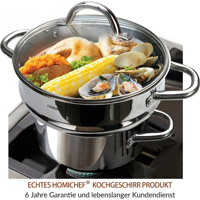 Пароварка HOMICHEF 3-в-1 з нержавіючої сталі, 24 см, без нікелю, з кришкою – набір для приготування овочів на пару, здорове харчування