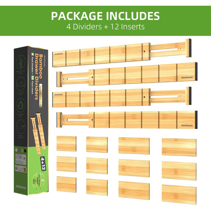 ANTOWIN 4 Pack Expandable Drawer Dividers, 5.7CM, extends from 43CM to 56CM, Drawer Organizers for Kitchen, Bedroom, Office, Bathroom (Natural)