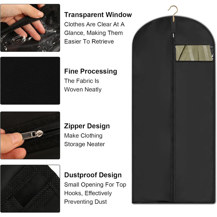 4 місткі мішки для одягу 60x120/100 см, чорні мішки для одягу, захисні чохли для костюмів, курток, вечірніх суконь з блискавкою, мішки для одягу 120 см для костюмів, курток, вечірніх суконь