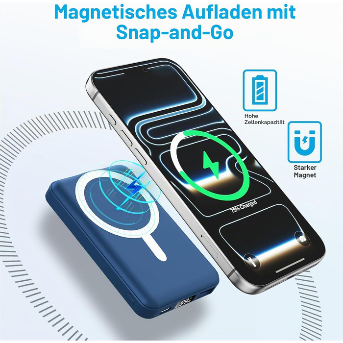 Бездротовий Power Bank AOGUERBE MagSafe 10000mAh, швидка зарядка 22.5W, USB-C, для iPhone 17/16/15/14/13/12 Pro Max (Блакитний)