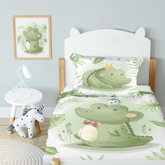 Дитяча постільна білизна CLEAVEN для ліжечка | 100% бавовна, м'яка та дихаюча | Постільна білизна для дітей, для спокійного сну | Двостороння постільна білизна для немовлят (Крокдил 016, 100x135 см)
