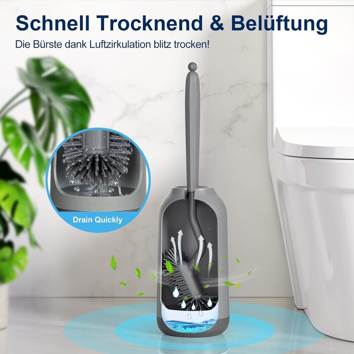 Силіконова щітка для унітазу HAMITOR з тримачем: гнучка щітка для унітазу з очищувачем країв - швидковисихаючий набір щіток для унітазу з тримачем для аксесуарів у ванну кімнату, підвісна щітка для унітазу сірого кольору, без свердління, 1 шт.