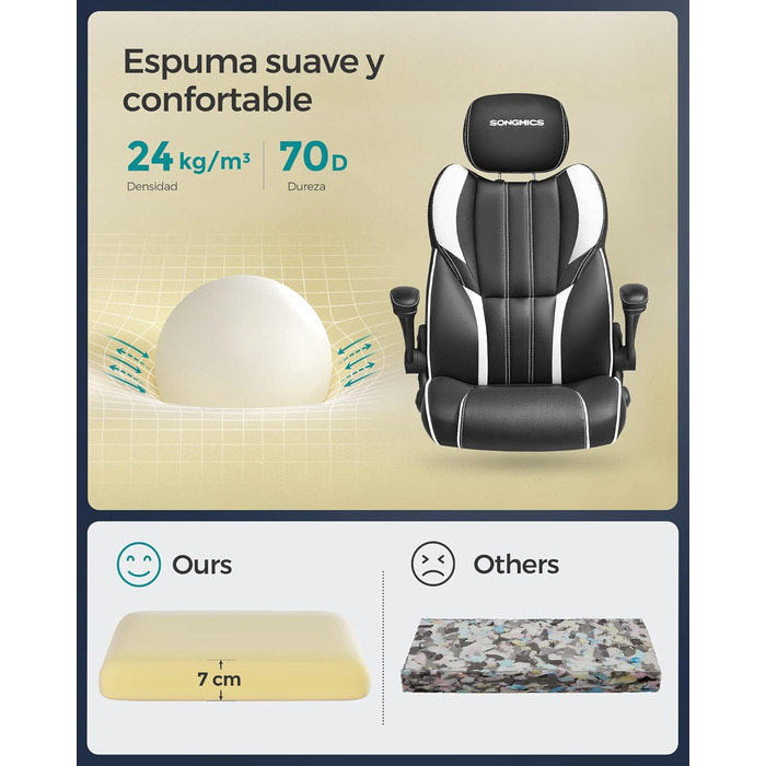 Крісло офісне SONGMICS, геймінгове, регульована підголовник, функція гойдання, регульовані підлокітники, універсальні ролики, регулювання висоти, OBG65BK (чорно-біле)