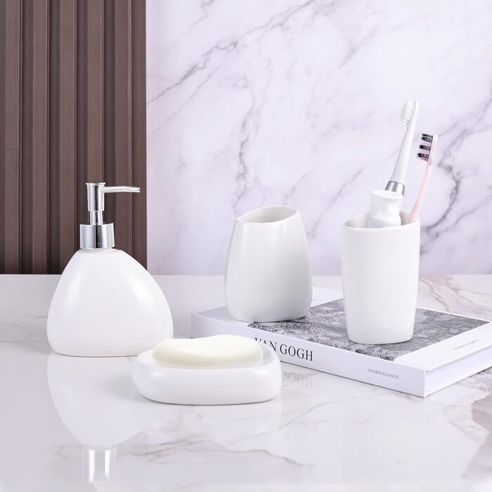 XYQXYQ Elegant 4-Piece Galvanized Ceramic Bathroom Set, featuring a lotion dispenser, mouth rinse cup, soap dish, and toothbrush holder, modern bathroom decoration set (white)