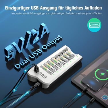 Зарядний пристрій EBL для акумуляторів AA AAA (NI-MH, NI-Cd) та USB пристроїв, 8 слотів, LED дисплей, 2 USB порти