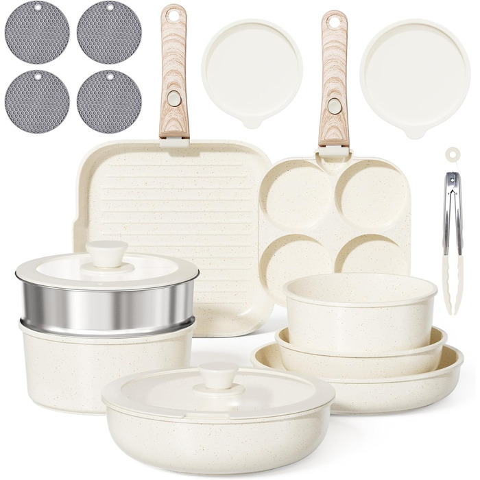 Набір каструль та сковорідок RIOVARM з знімними ручками: антипригарне покриття, кришки, сковорода для омлетів, гриль-сковорода, для всіх плит, стакельні каструлі