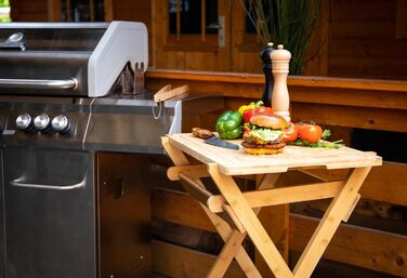 Стіл-помічник для гриля Grillfürst з бамбука, складаний, знімна дошка для нарізки 63x40x2 см, для м'яса, сиру та ковбаси, 78,4x63,2x40,1 см
