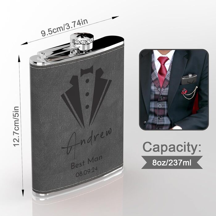 Набір фляга з гравіюванням гір, фляга з нержавіючої сталі 237мл/8oz, персоналізований подарунок на день народження для чоловіків, кемперів, туристів (сірий)