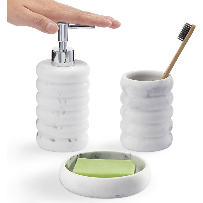 Набір для ванної кімнати Navaris: дозатор мила, стакан для зубної пасти, 3 предмети. Аксесуари для ванної кімнати з штучного каменю (білий)