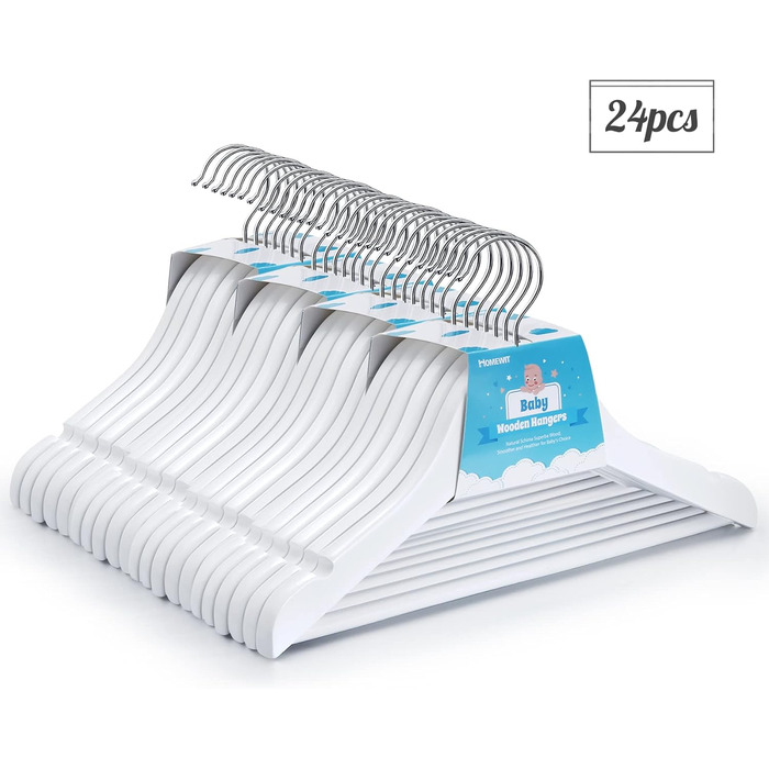 Дерев'яні вішалки для дитячого одягу Homewit, 24 шт. з вирізами для спідниць та штанів, 360° обертання, для дівчаток та хлопчиків, білі, 30 см