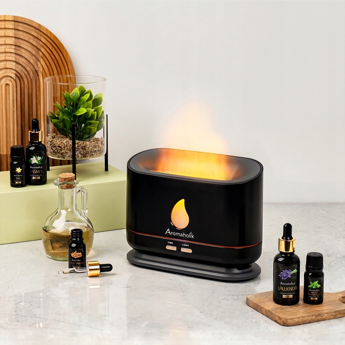 Ультразвуковий зволожувач повітря Aromaholik з ефектом вогню, без BPA, з таймером, LED-підсвіткою та USB-портом