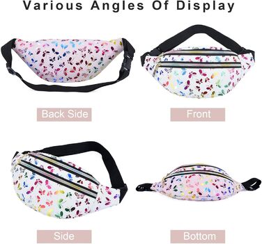 Металева поясна сумка AYNKH з регульованим ремінцем, три відділення, водонепроникна фанна-пак для відпочинку, спорту, подорожей (Білий метелик)