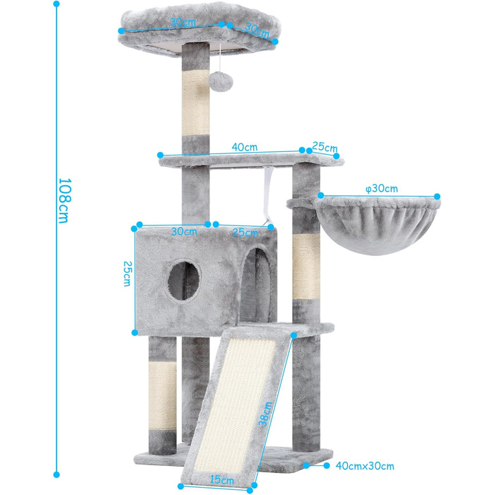 Котячий будиночок Hey-brother Kratzbaum 108 см, багатоярусний котячий комплекс з когтеточками, рампою, гніздечком та іграшками, сірий MPJ007SW