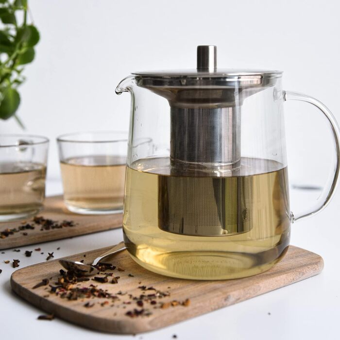 TEA BASE Glass Teapot 1L, Handcrafted Glass Teapot, Borosilicate Heat-Resistant, Removable Long Stainless Steel Infuser, High-Quality Lid, 3-Piece Set, for Loose Leaf Tea, for 4-8 Cups