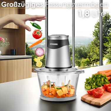Електричний подрібнювач Multizerkleinerer Blitzhacker 500W 1,8L: універсальний кухонний комбайн для приготування дитячого харчування, горіхів, овочів, фруктів та м'яса. Скляна чаша.
