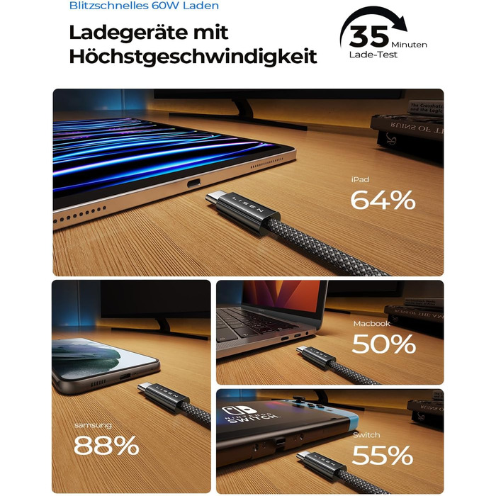 Набір USB-C кабелів LISEN 60W, [4 шт., 0.5м, 1м, 1м, 2м] для iPhone 17 Pro Max, Switch, Samsung Galaxy S25, MacBook, iPad, Xiaomi. Підтримка PD 3.0, швидка зарядка, чорний