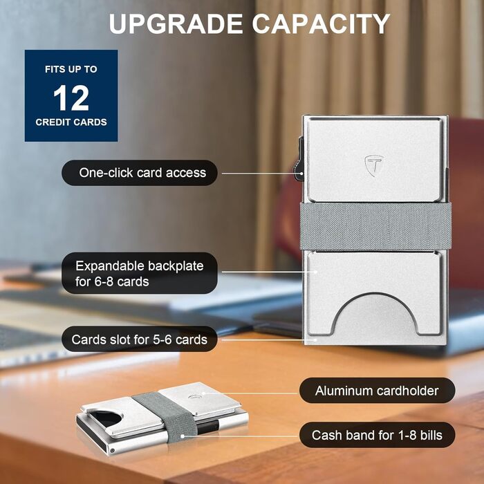 Чоловічий гаманець TOYFID з кишенькою для AirTag, 12 відділень для карток, відділення для грошей, RFID захист, з кнопкою виштовхування карт, алюміній, сріблястий