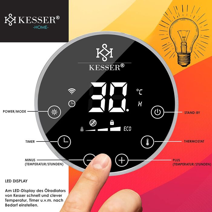 Електричний масляний радіатор KESSER 2500W з WiFi, дисплеєм, термостатом, таймером, сенсорним управлінням і захистом від перегріву, чорний