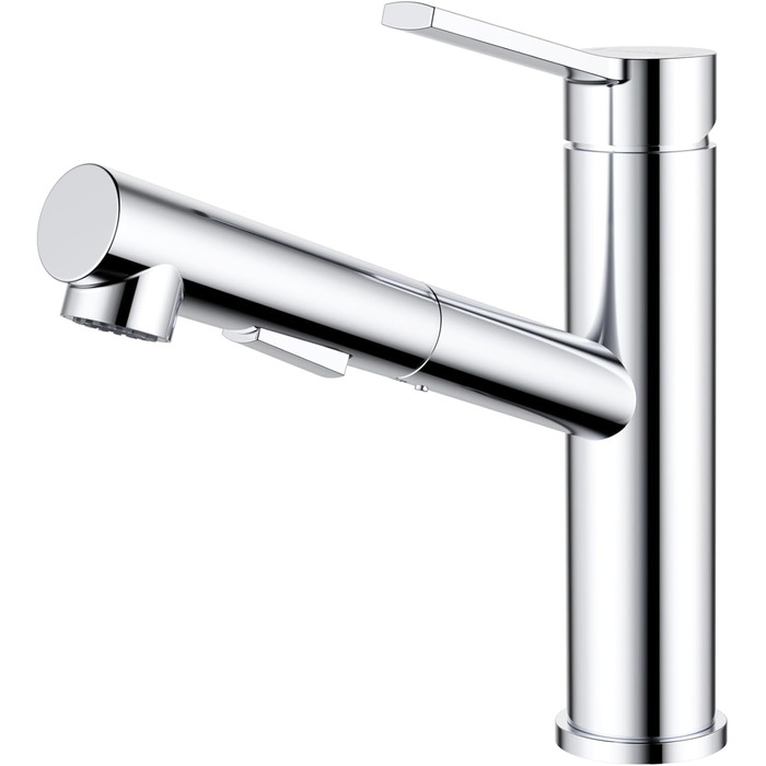 Змішувач кухонний DAYONE з висувною лійкою, нержавіюча сталь, 3 режими, 360° обертання, для кухонної мийки (15 см), матовий (хром, низький вигин-337)