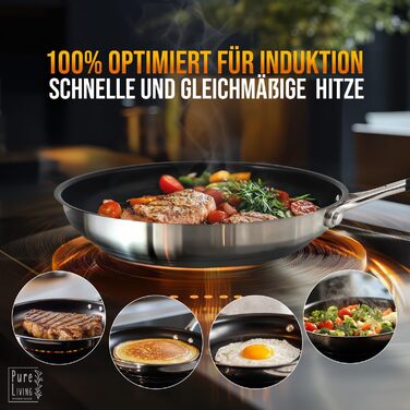 Набір сковорідок з нержавіючої сталі для всіх типів плит 20см та 28см з антипригарним покриттям - 10 років гарантії, ергономічні ручки, рівномірний розподіл тепла, придатні для миття в посудомийній машині та використання в духовці - Набір сковорідок 28см+