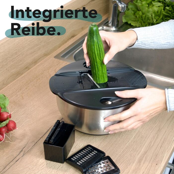 Салатниця-центрифуга з нержавіючої сталі (4,5л) + овочевий тертки з 5 лезами | Зручне віджимання салату завдяки неслизькому дну та ручним приводом
