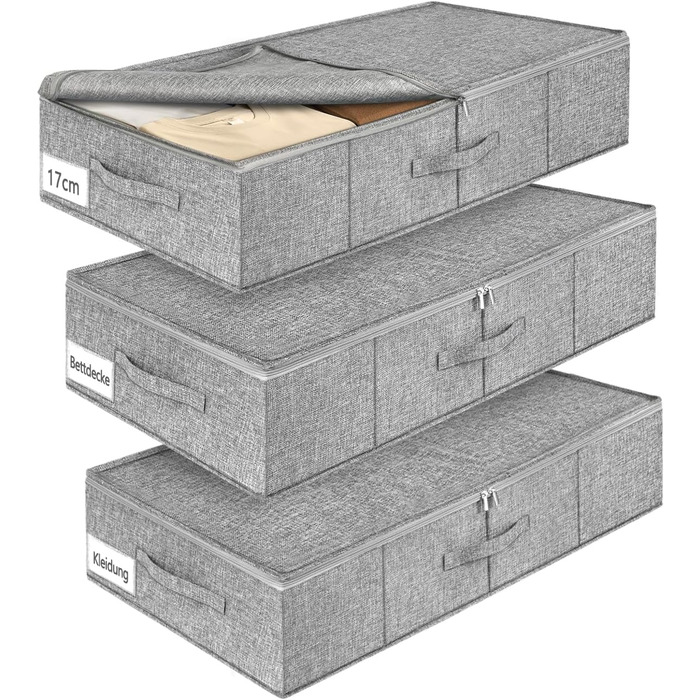 Коробки для зберігання під ліжко MePure, сірі, 3 шт. – 50л, з кришкою та блискавкою, для одягу, ковдр, постільної білизни, подушок, 76×38×17 см