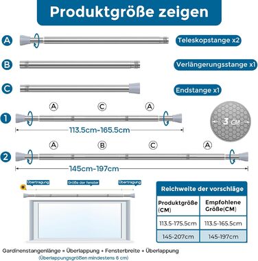 Штанга для штор без свердління AIZESI, 70-120 см, телескопічна, діаметр 22 мм, срібна