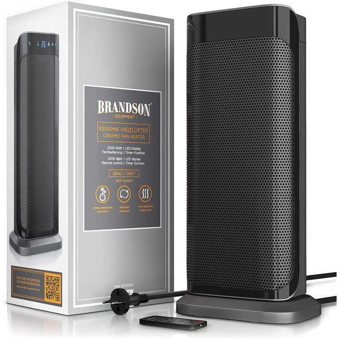 Керамічний обігрівач Brandson 2000W, тихий, енергоощадний, з дистанційним керуванням, холодний режим, 2 потужності, осциляція, для офісу, вітальні, спальні, чорний