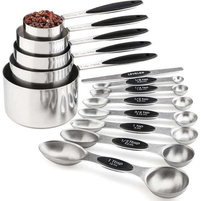 Measuring cup and spoon set includes 5 stainless steel measuring cups, 7 magnetic measuring spoons, and 1 leveler for dry or liquid ingredients (black)