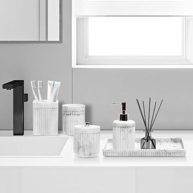 Набір аксесуарів для ванної кімнати XLHOMO з штучного каменю, 5 предметів: диспенсер для лосьйону/мила, тримач для зубних щіток, чашка для ванної кімнати, контейнер для ватних паличок та піднос для туалету, органайзер для дому, світлий (мармур)