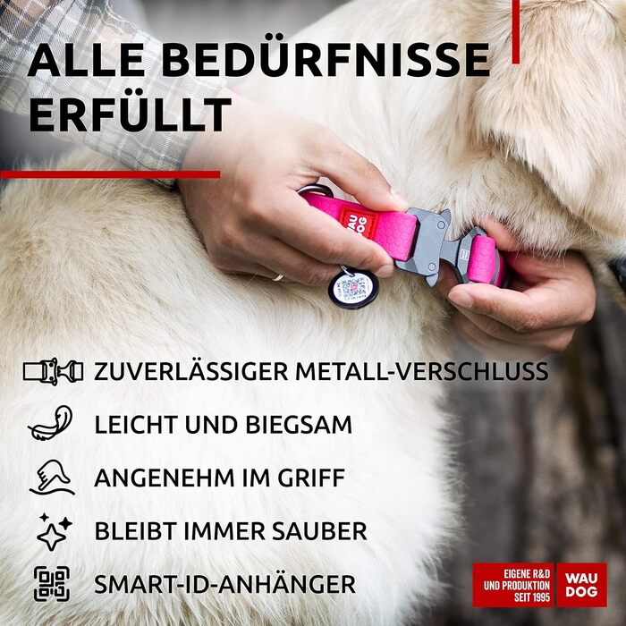 Водонепроникний нашийник для собак WAUDOG: великі, середні та малі породи, регульований, металевий замок, 31-49 см, 25 мм ширина, рожевий колір