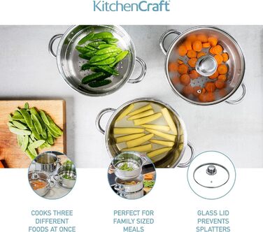 Набір з 3 каструль KitchenCraft з пароваркою, 3-рівневий, з нержавіючої сталі, для індукції, 22 см, сріблястий, у подарунковій коробці