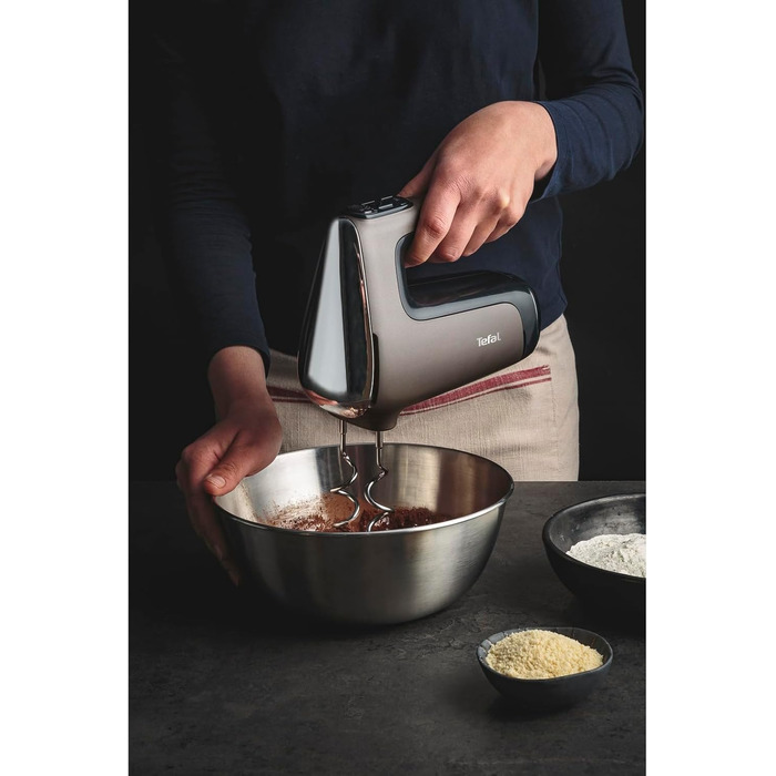 Ручний міксер Tefal Power Mix Silence HT650E, 600 Вт, тиха робота, 2 віночки, 2 гачки, регулятор швидкості, турбо, сірий