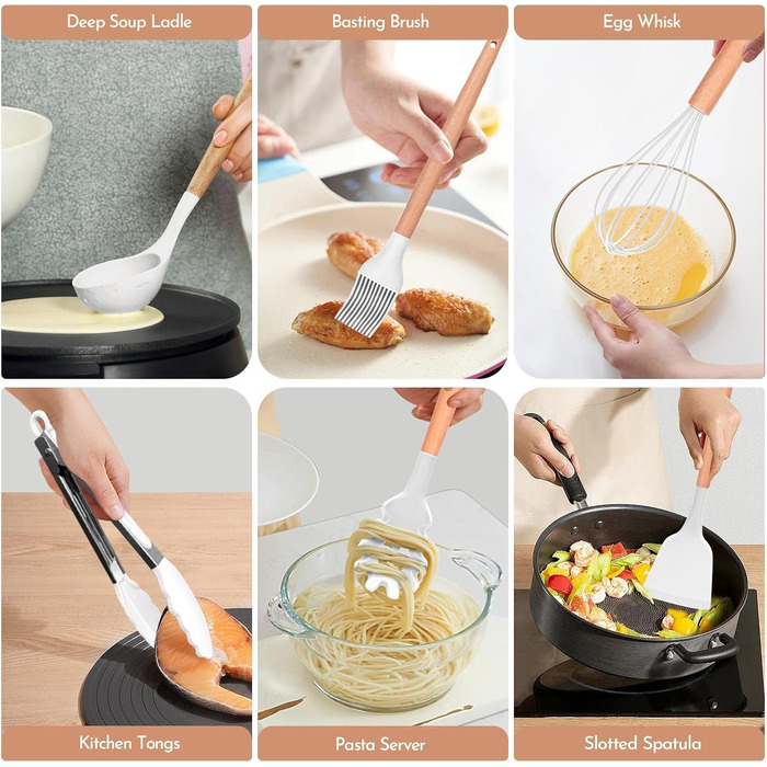 Набір кухонних аксесуарів Howephofly: 23 шт. з силікону, антипригарні, стійкі до нагріву, з тримачем та гачками для підвішування (білий)