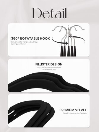В'язки для одягу з велюру 20 шт. - В'язки для одягу, що економлять місце, для костюмів, тонкі антиковзаючі вішалки для штанів, поворотний гачок на 360°, широкі вішалки для одягу, міцні велюрові вішалки (Чорний)
