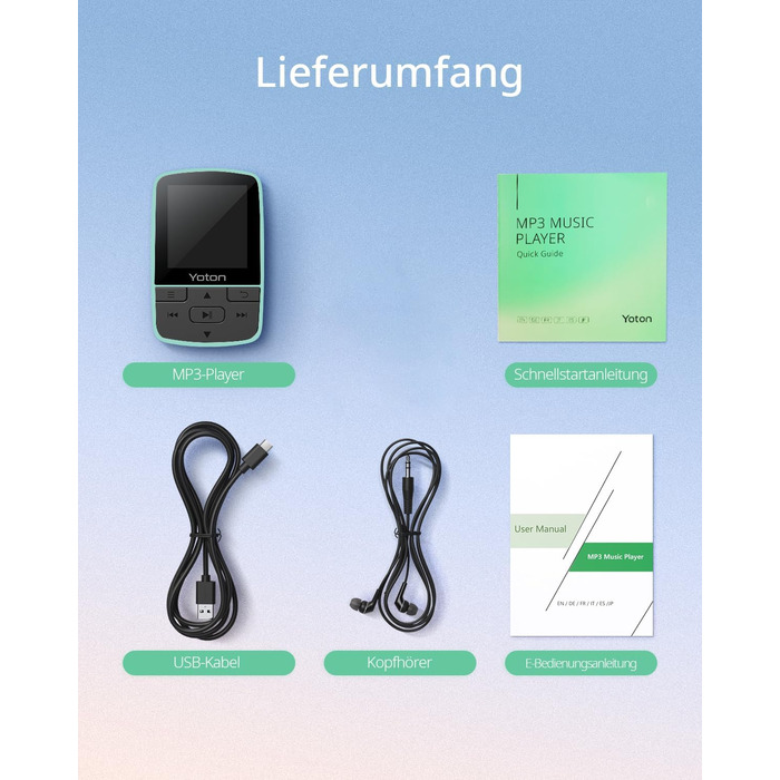 MP3-плеєр YOTON з Bluetooth 5.2, Hi-Fi звук, FM-радіо, диктофон, регулятор гучності, навушники, підтримка SD до 128 ГБ (М'ятний)