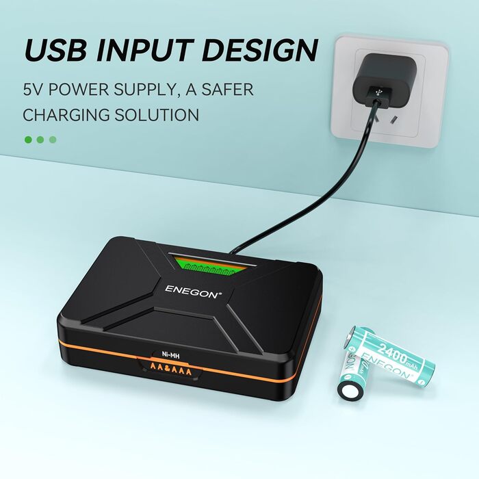 Зарядний пристрій ENEGON 8-Fach для AA/AAA акумуляторів з LCD дисплеєм + 8 Ni-MH AAA акумуляторів 1100mAh, USB-C станція для пульт дистанційного керування, термометрів та електроніки