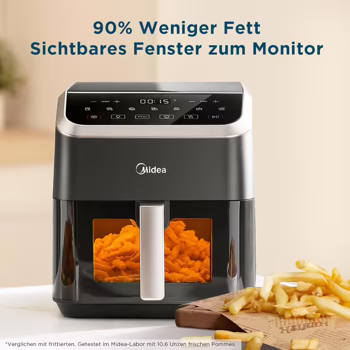 Midea Hot Air Fryer 5L Capacity, HeatXpress Technology 90% Less Oil, Energy and Time Savings with 7 Presets, Easy-View Window & Light, Non-Stick, Black