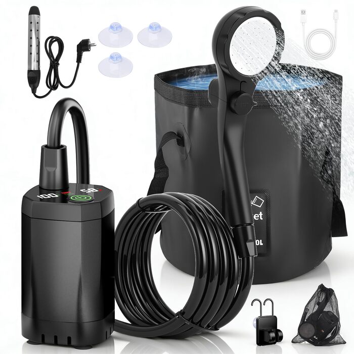 Портативний душ Campingdusche з акумулятором 6000 mAh, насосом та шлангом 200 см для кемпінгу, саду, авто, тварин, пляжу та подорожей